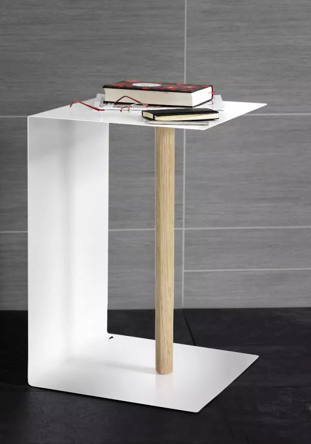 White stainless steel side table wooden leg (40 x 40 cm)
