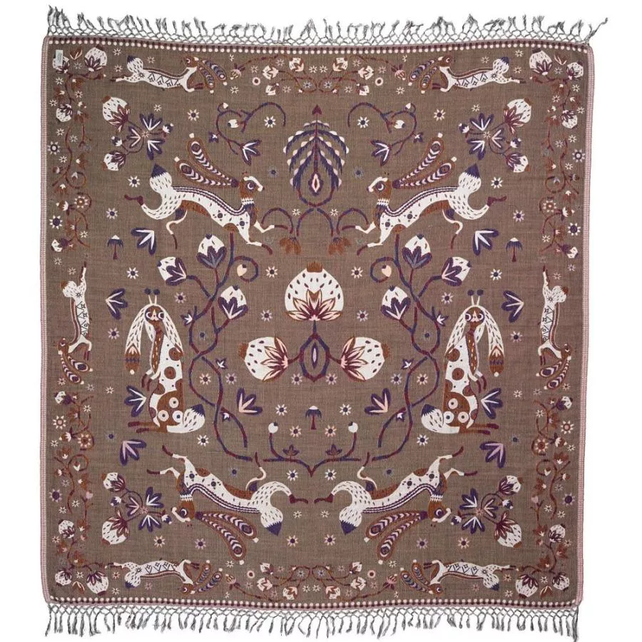 Gewebtes Halstuch mit Hasen-Motiv (braun) aus Wolle und Seide (150 x 150 cm)