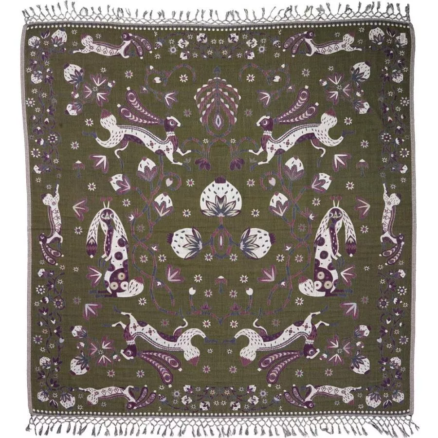 Woven Shawl with Rabbit Motif (Green) made of Wool & Silk