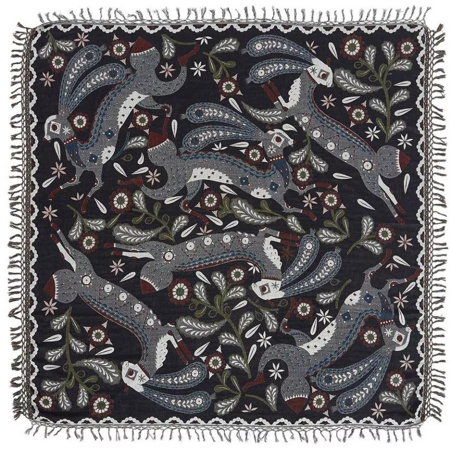Woven Shawl with Rabbit Motif (Black) made of Wool & Silk (150 x 150 cm)