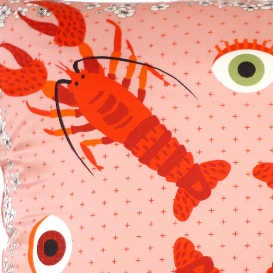 Hand-Sewn Sofa Cushion with Lobster Motif as Print on Silk (42 x 42 cm)