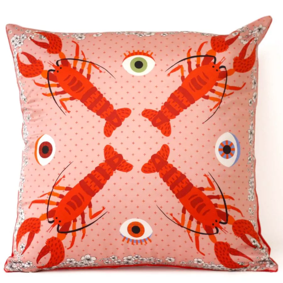 Hand-Sewn Sofa Cushion with Lobster Motif as Print on Silk (42 x 42 cm)