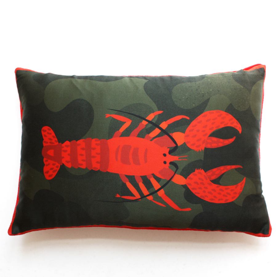 Charming Sofa Cushion with Large Lobster Motif printed on Silk (20 x 42 cm)