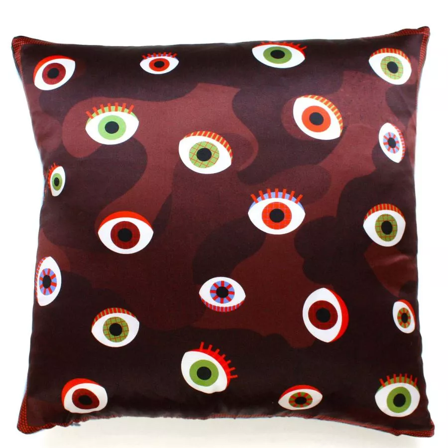 Hand-Sewn Sofa Cushion with Eyes Motif as Print on Silk (42 x 42 cm)