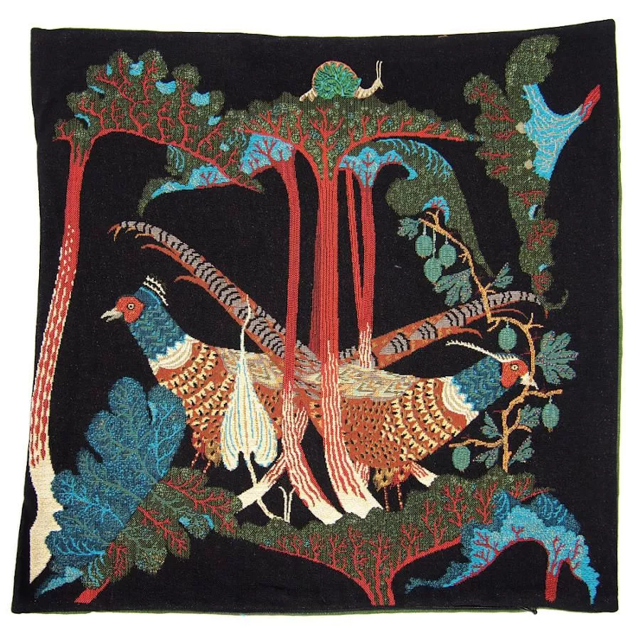 Velvet Cushion Sleeve "Pheasants & Rhubarbs" with Embroidery