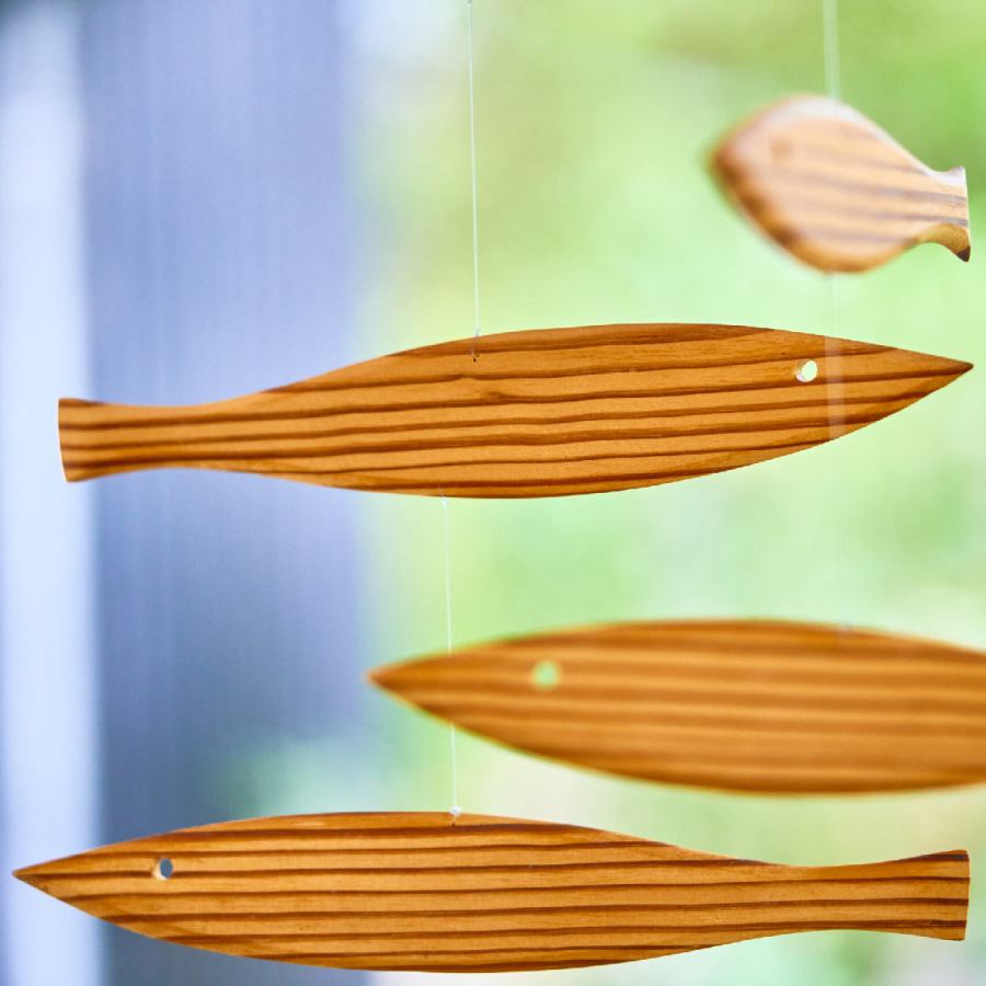 Art Mobile "Floating Fish" made of Rare Pitch-Pine Wood (40 x 40 cm)