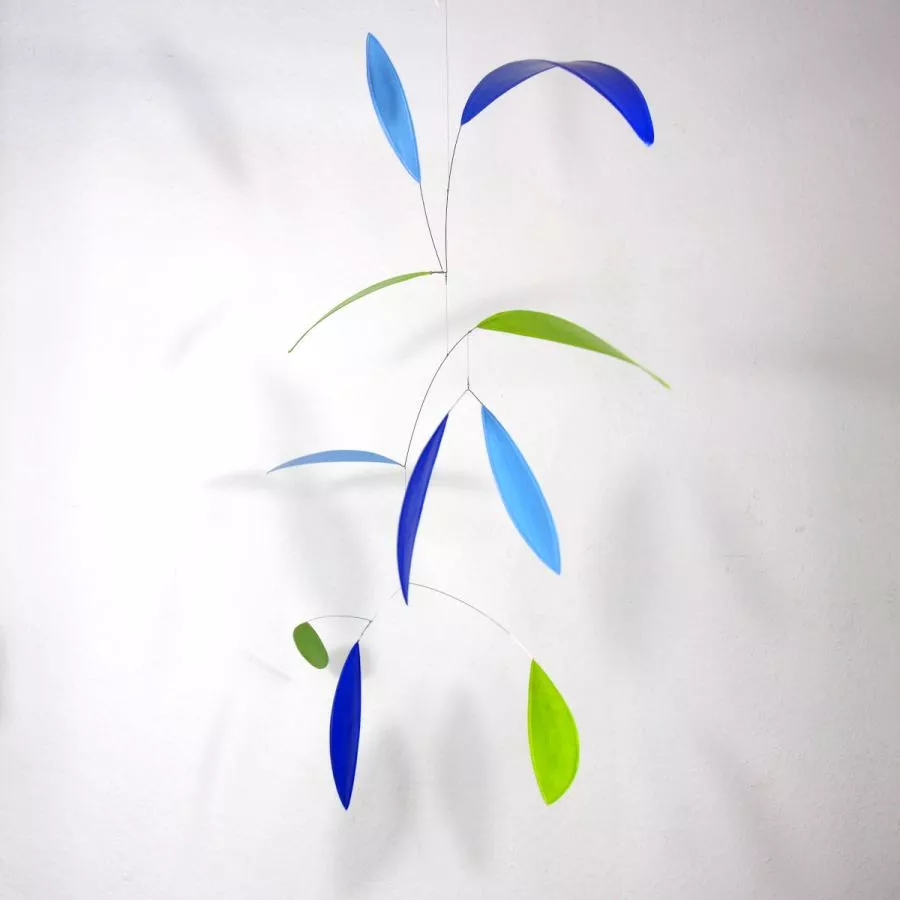 Large Art Mobile "Leaf" Green / Light Blue with Leaf-Shaped Elements (80 x 60 cm)