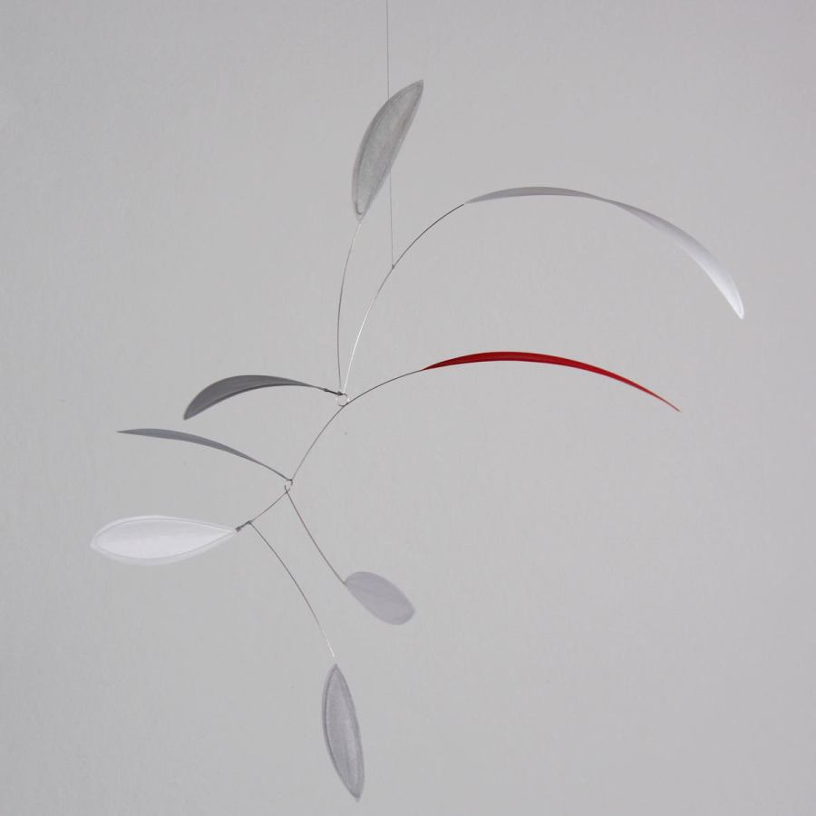 Delicate Handmade Leaf-Shaped Mobile "Little Leaf", Grey / White / Red (60 x 50 cm)