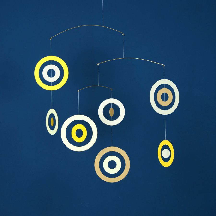 Charming Mid Century Mobile "Bubbles" (Yellow) with Concentric Rings (45 x 45 cm)