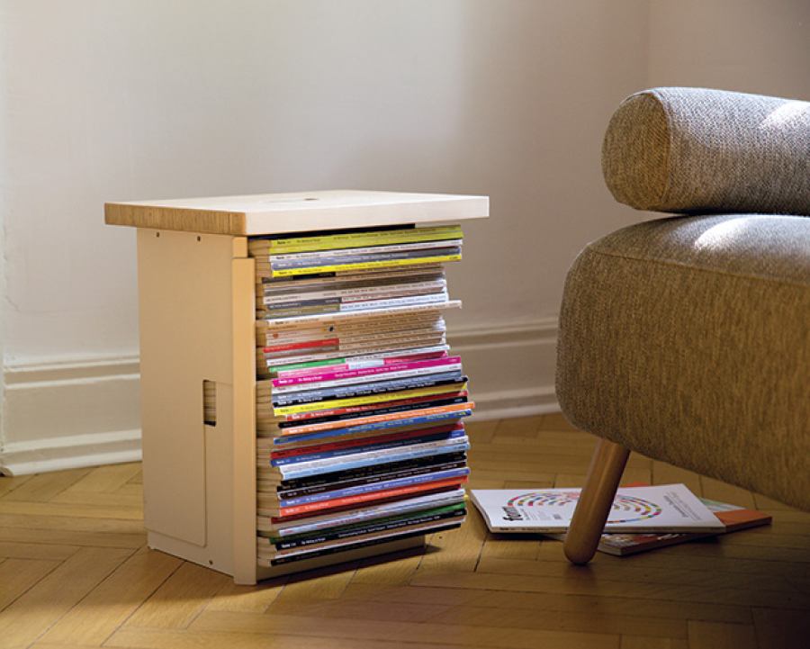Height-Adjustable Stool / Side Table with Compartment for Magazines
