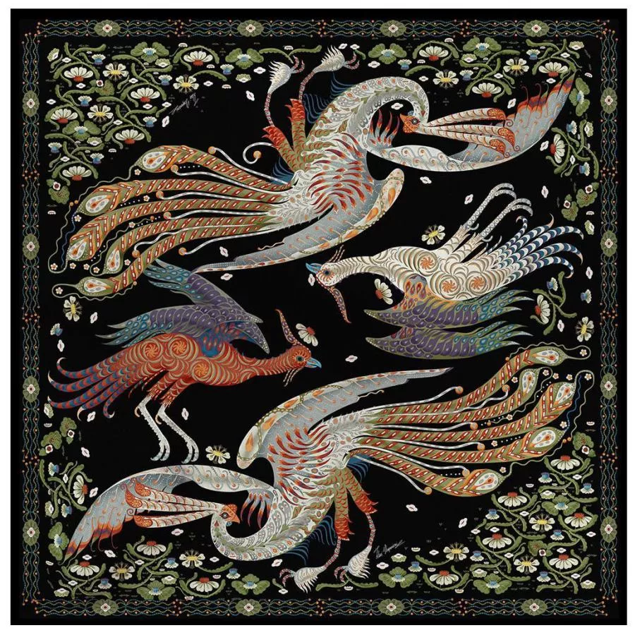 Scarf with Art Print "Firebird" on Pure Silk Satin