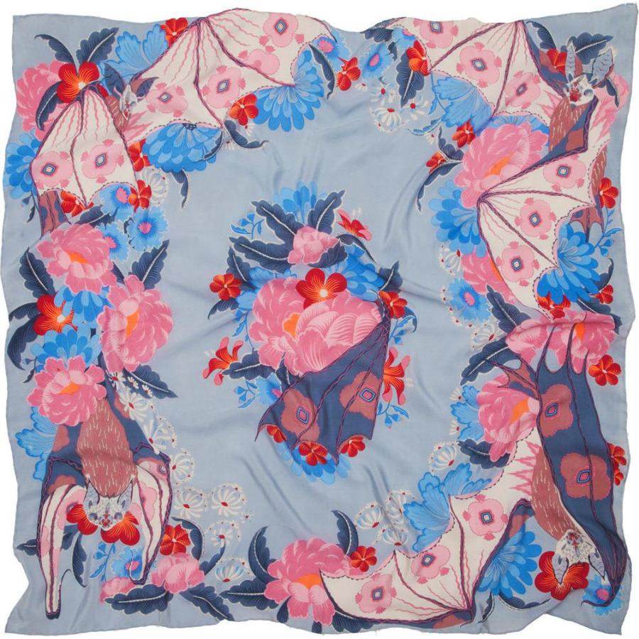 Scarf with Art Print "Bat & Flowers" on Pure Silk Crepe