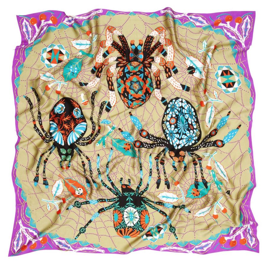 Kunstvoll gestaltetes Halstuch "Spinnen" aus reinem Seiden-Satin