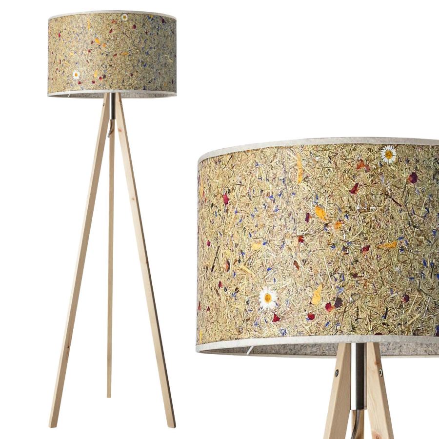 Three-Legged Design Floor Lamp with Natural Hay & Meadow Flowers Shade (Height 150 cm)