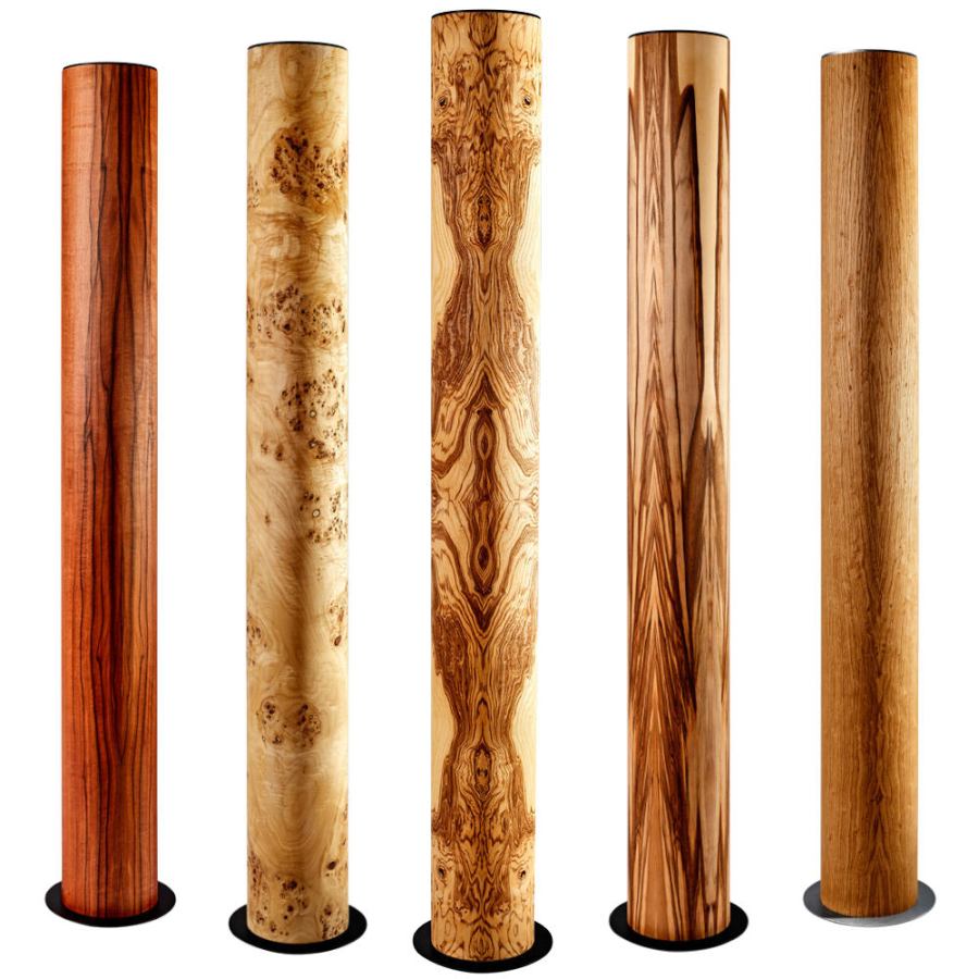 Skulpturale Design-Stehleuchte mit Zylinderschirm aus Holzfurnier (Höhe 156 cm, Ø 18 cm)