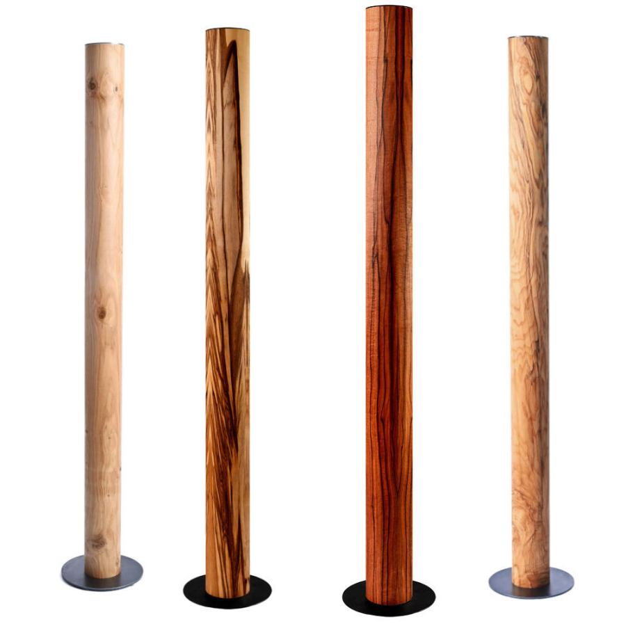 Skulpturale Design-Stehleuchte mit Zylinderschirm aus Holzfurnier (Höhe 156 cm, Ø 11 cm)