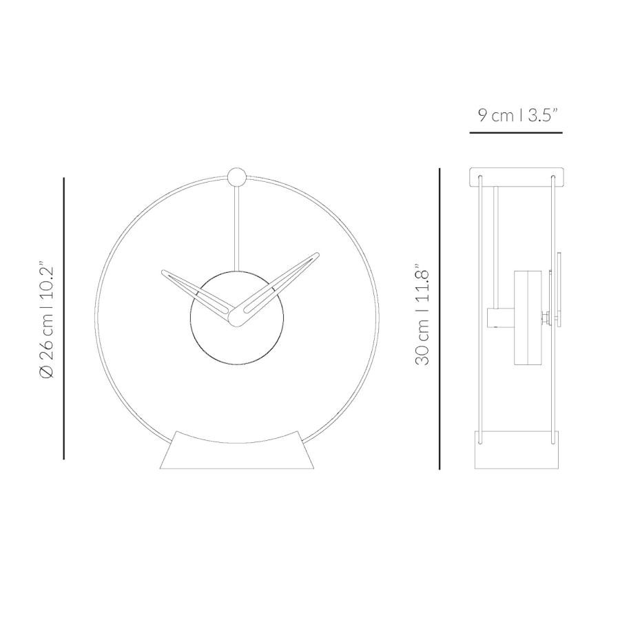 Kleine Design-Tischuhr "Mini Aire" aus Nussholz und Messing Ø 26 cm