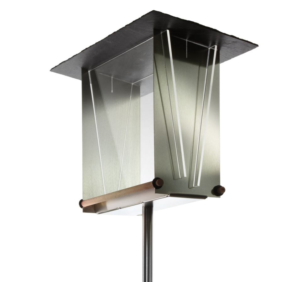 Transparentes Vogelhaus aus Edelstahl, Acrylglas, Schiefer und Holz (quadratisch)