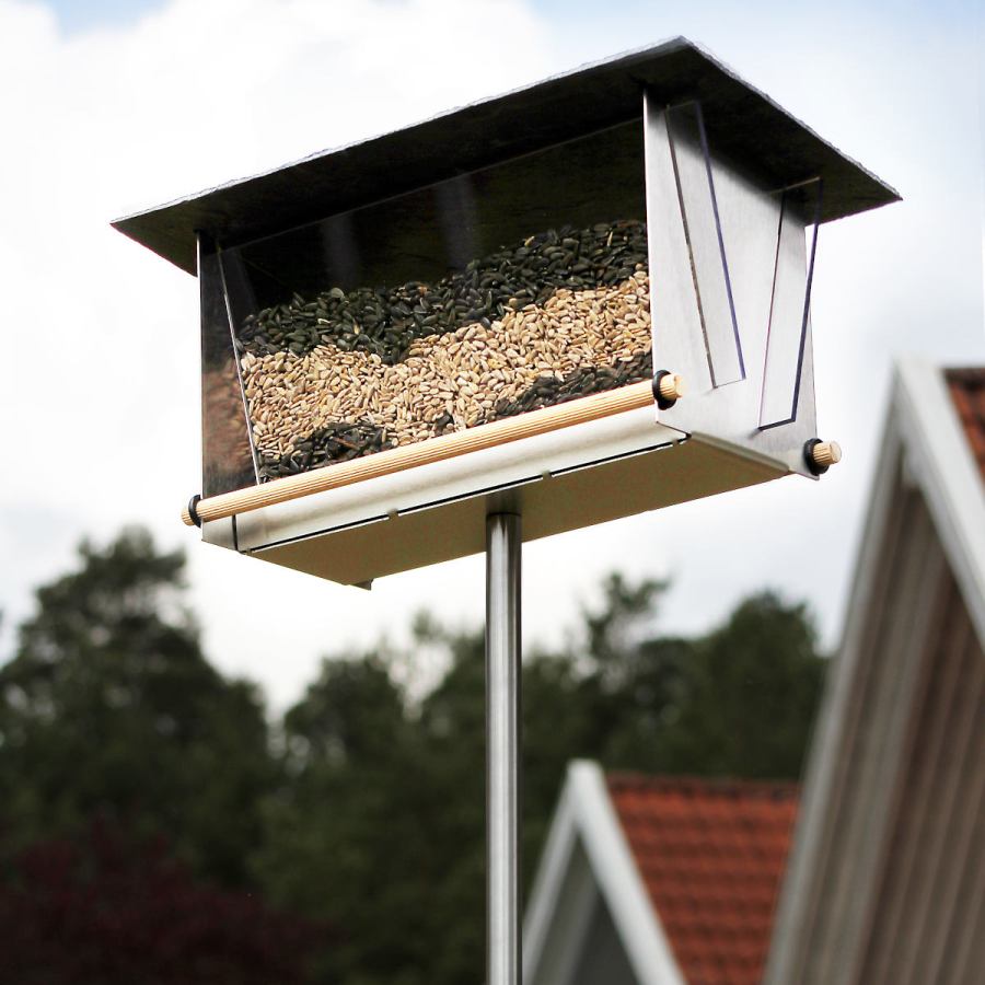 Transparent Birdhouse made of stainless steel, slate, wood & acrylic glass (rectangular)