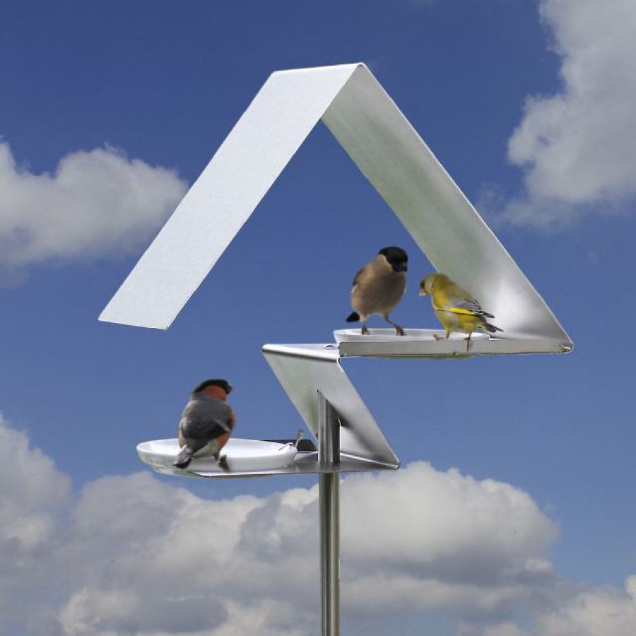 Zweistöckige Vogeltränke aus Stahl / Edelstahl mit Porzellanschalen