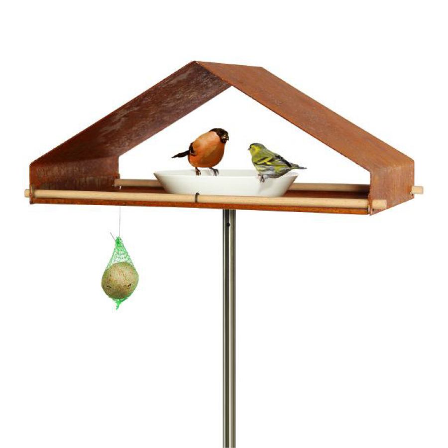 Vogeltränke / Futterstelle mit Satteldach aus wetterfestem Cortenstahl