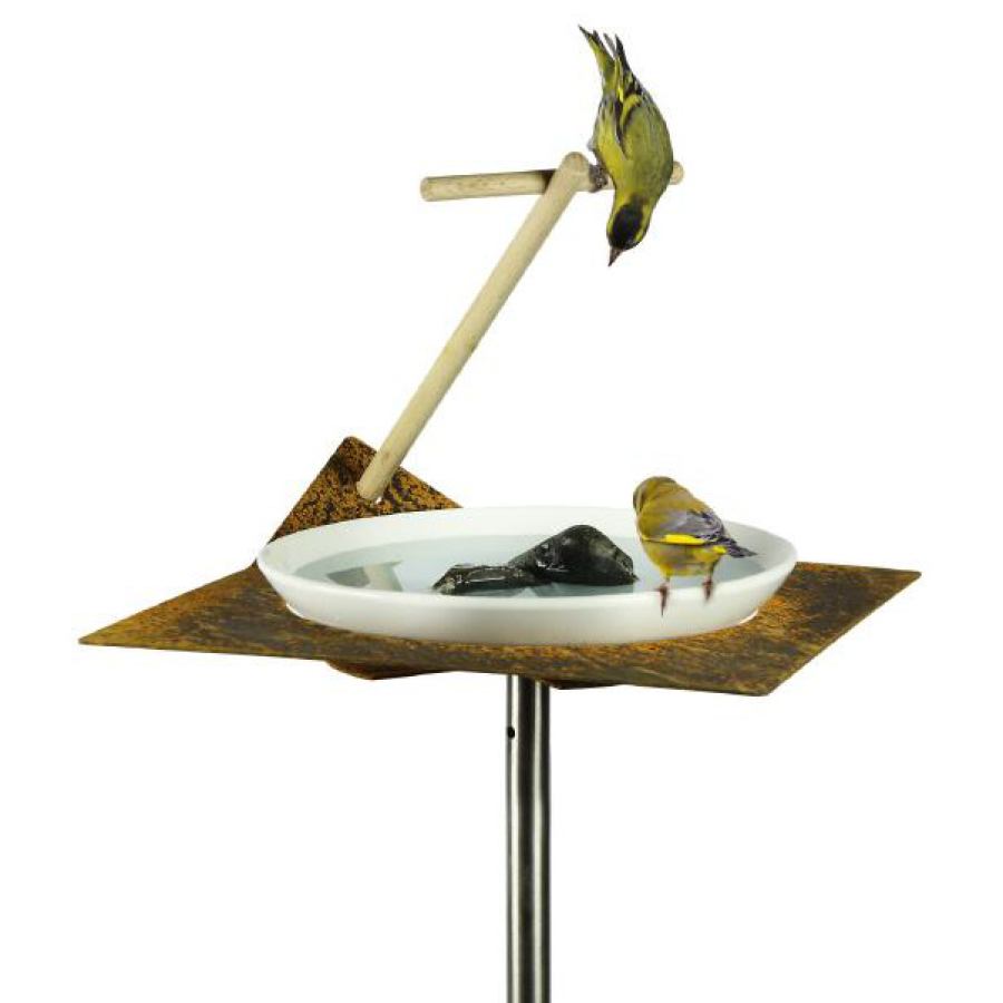 Birdbath made of Stainless Steel or Corten Steel with Porcelain Bowl