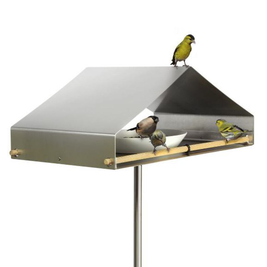 Vogeltränke / Futterstelle mit Satteldach aus Edelstahl