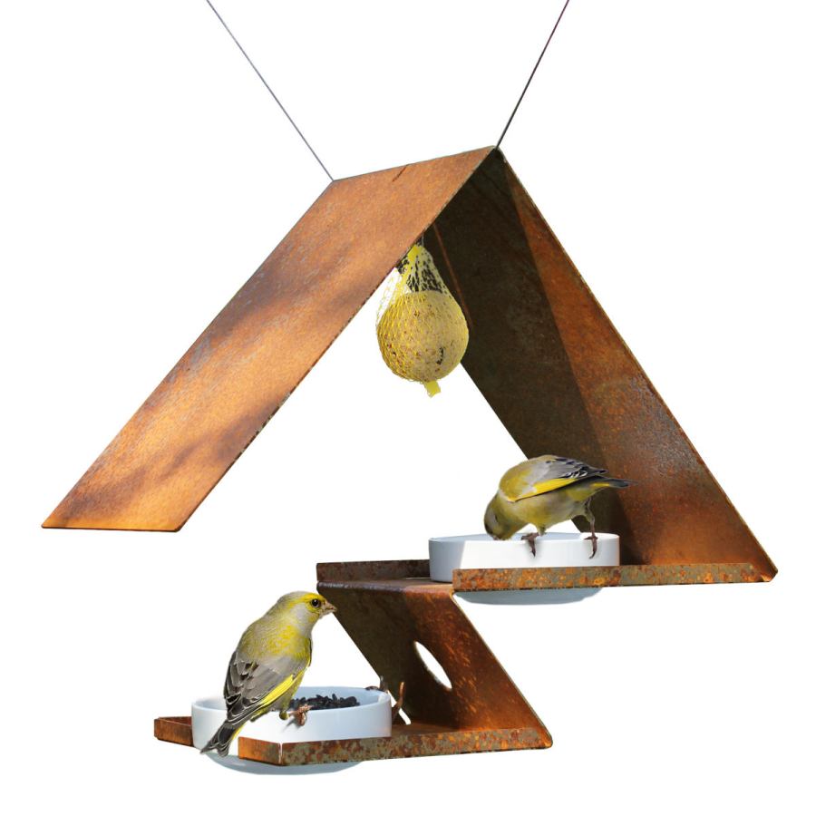 Hängende zweistöckige Vogeltränke aus Corten-Stahl oder Edelstahl mit Porzellanschalen