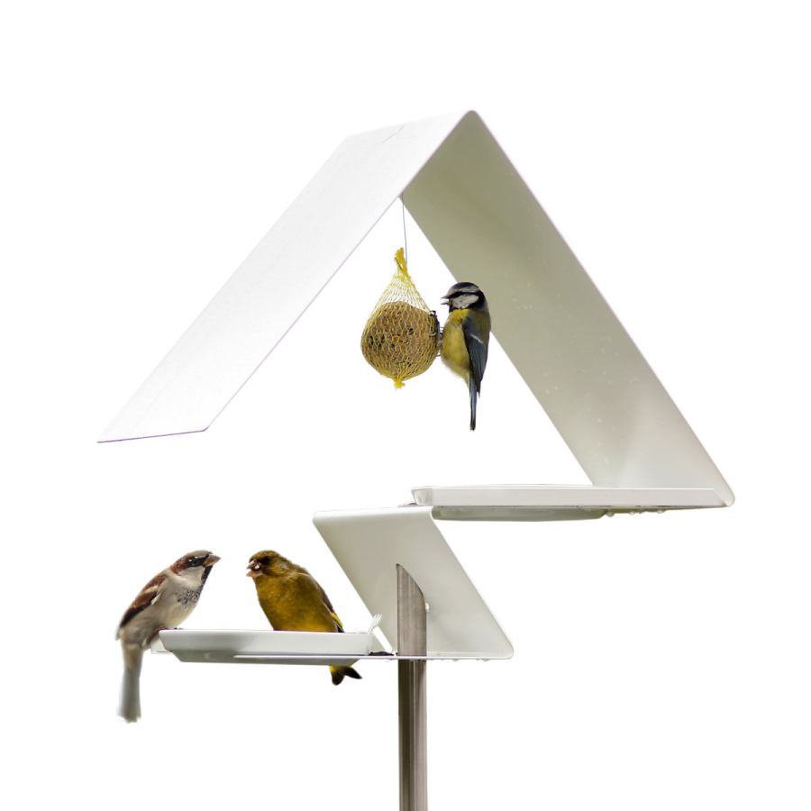 Zweistöckige Vogeltränke aus Stahl / Edelstahl mit Porzellanschalen
