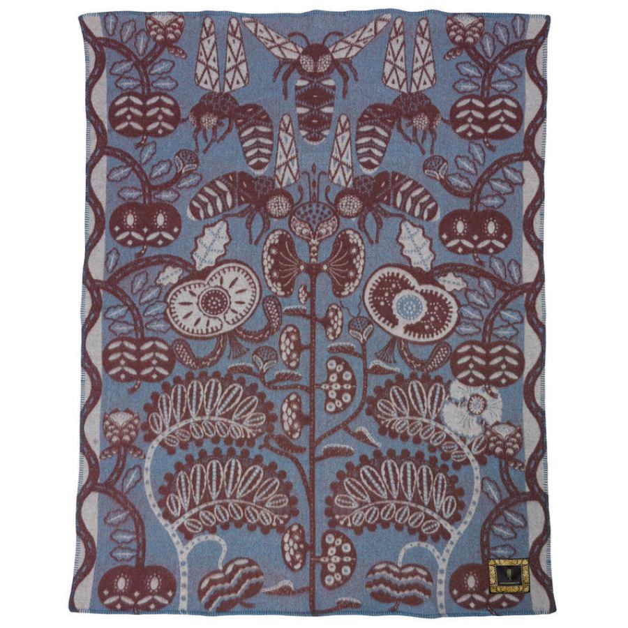 Artfully Woven Wool Blanket / Throw with Bee Motif (Blue)