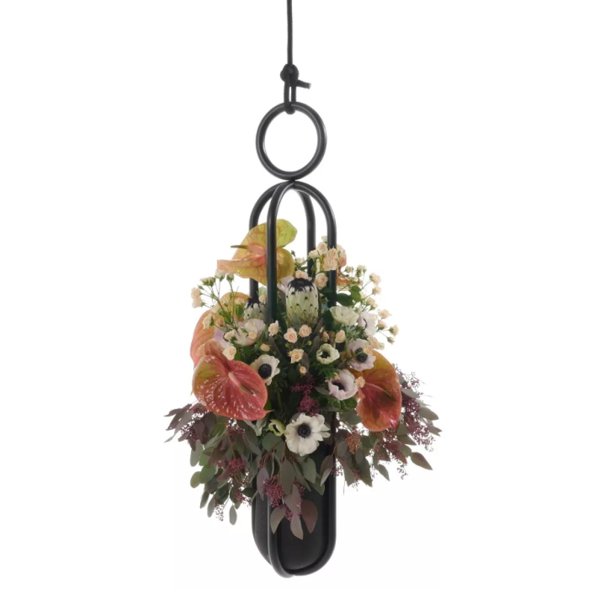 Upright flower suspension (pot or vase) with handmade rubber container