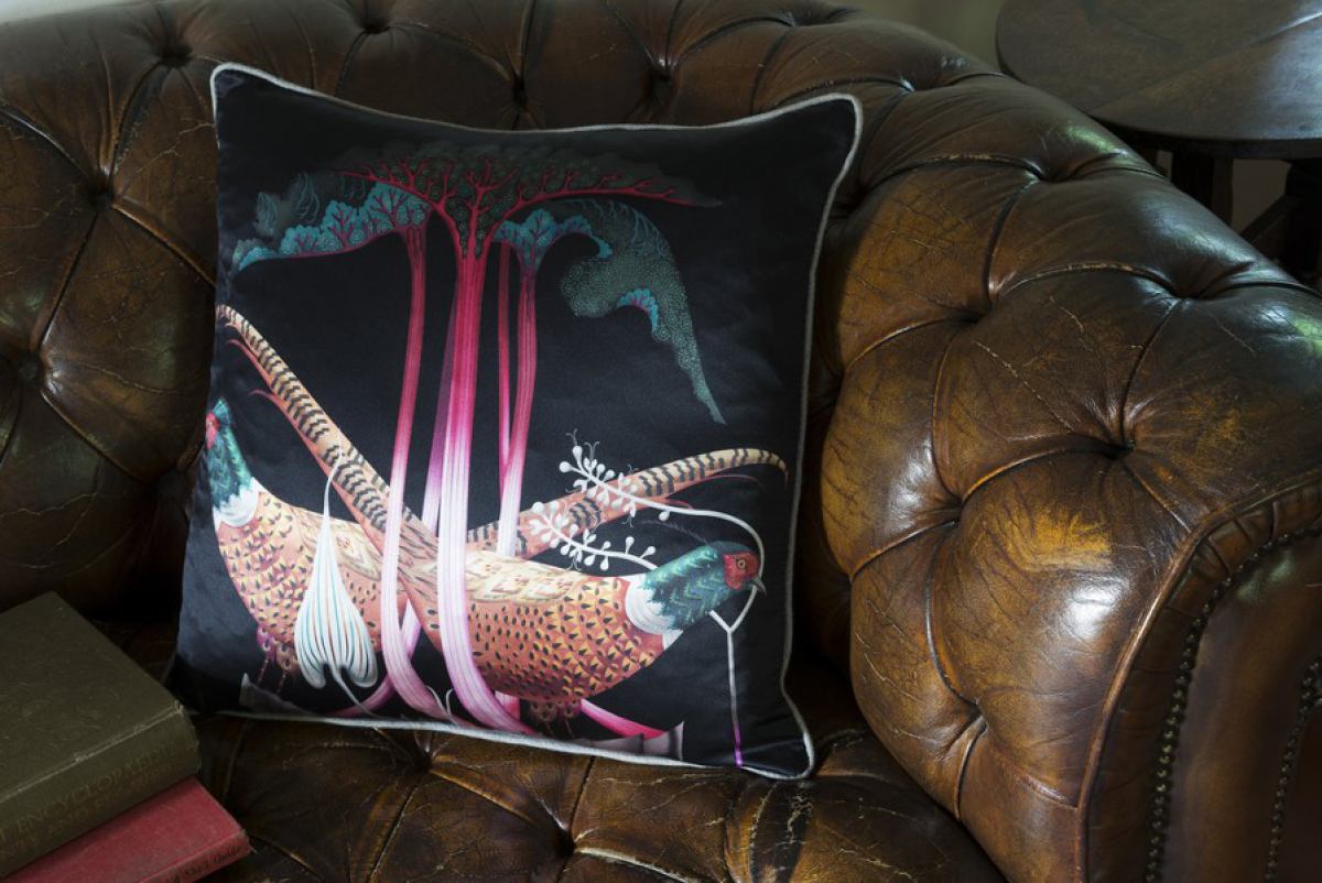 Silk Print Cushion Sleeve "Pheasants & Rhubarbs" (50 x 50 cm)