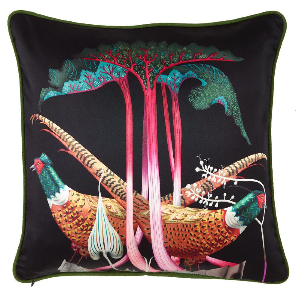 Silk Print Cushion Sleeve "Pheasants & Rhubarbs" (50 x 50 cm)