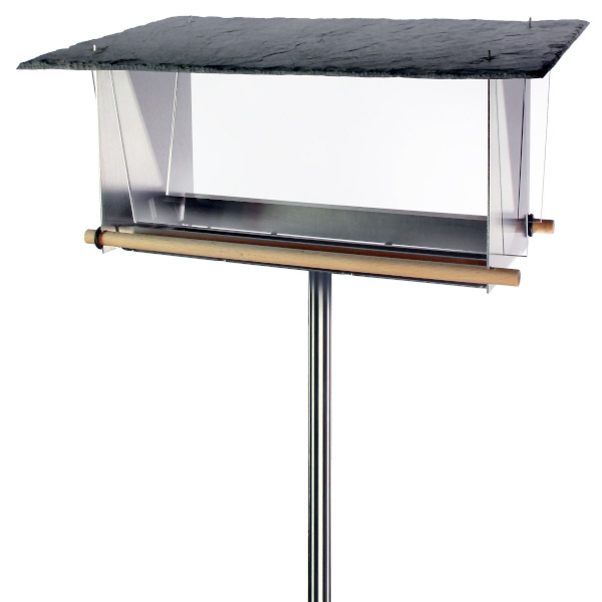 Transparent Birdhouse made of stainless steel, slate, wood & acrylic glass (rectangular)
