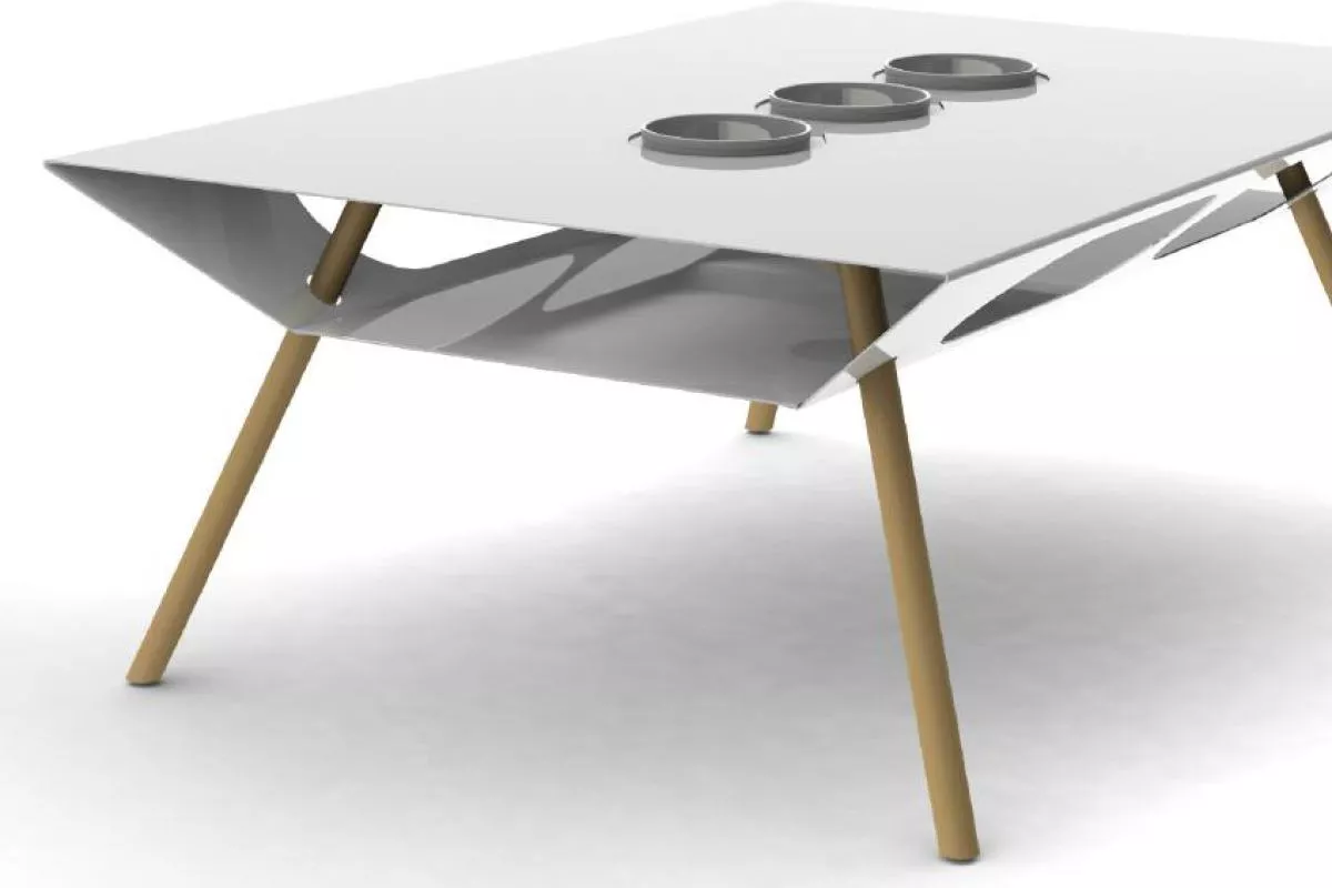 White stainless steel coffee table with three porcelain vessels (119 x 80 cm)