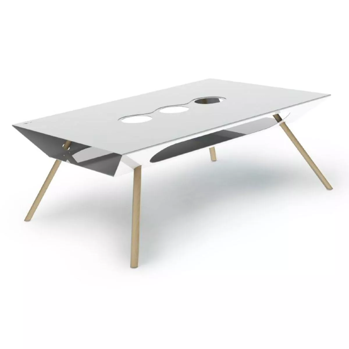 White stainless steel coffee table with three porcelain vessels (119 x 80 cm)
