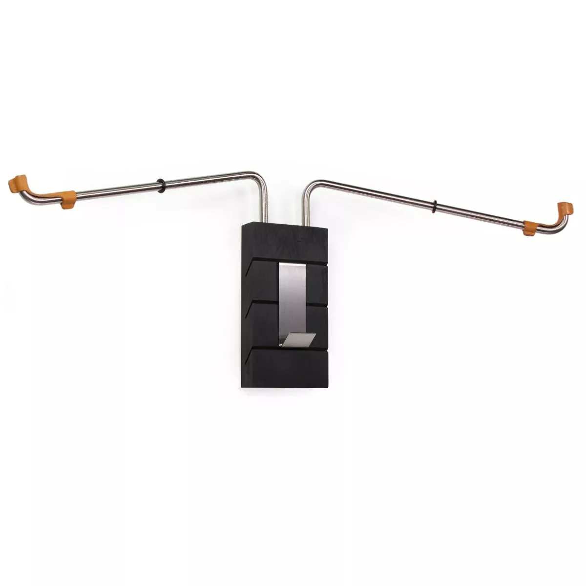 Black bicycle wall holder made of beech wood, stainless steel and leather