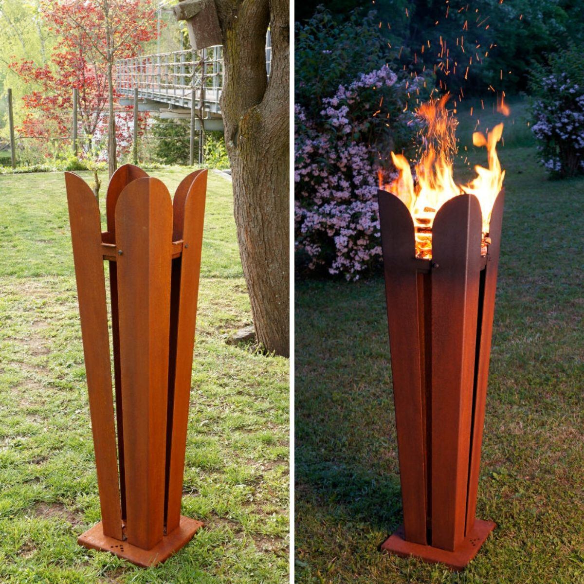 Skulpturale Feuerstelle / Gartenfackel aus wetterfestem Stahl