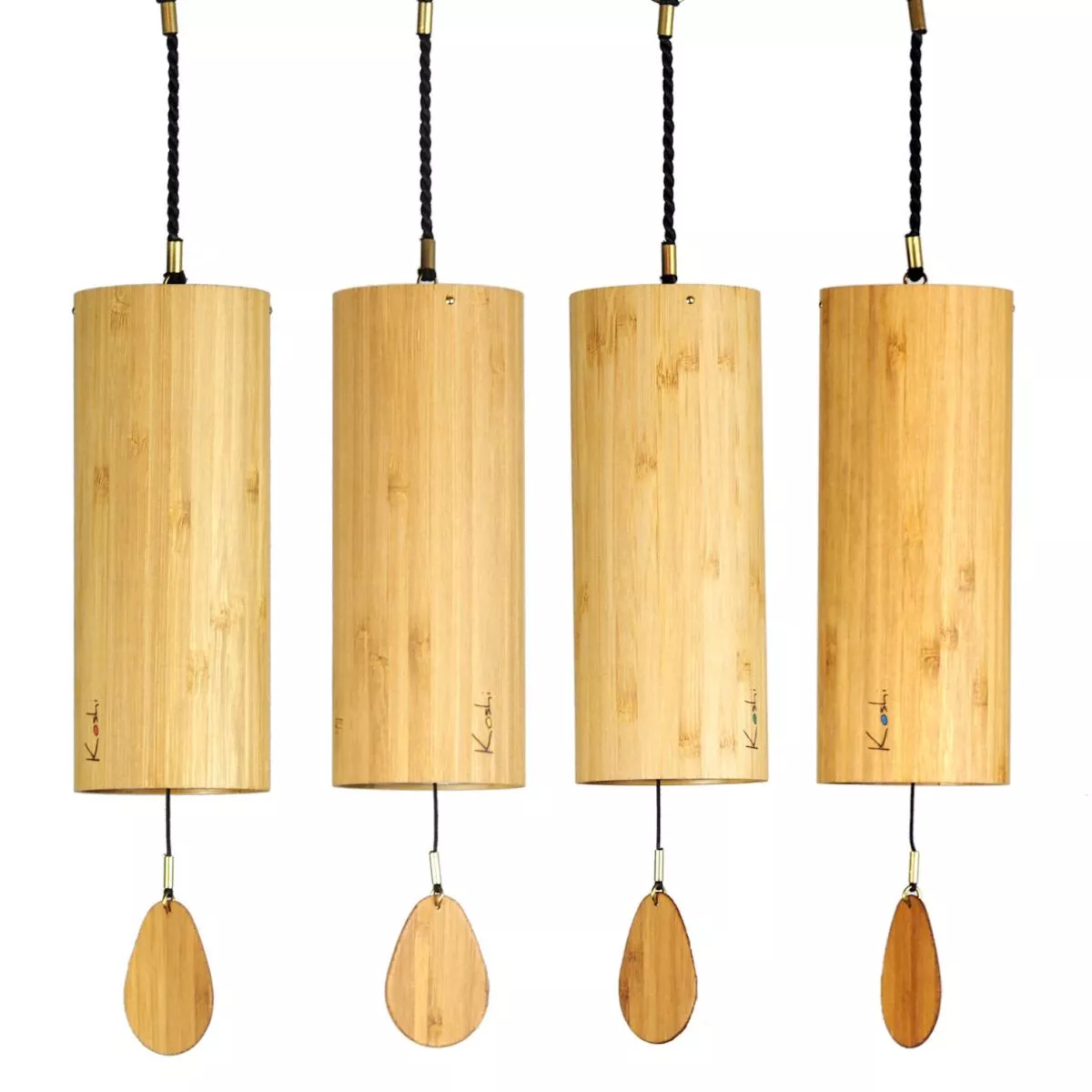Set of Four Handcrafted Wind Chimes "Terra, Aqua, Aria, Ignis" with Bamboo Cylinders