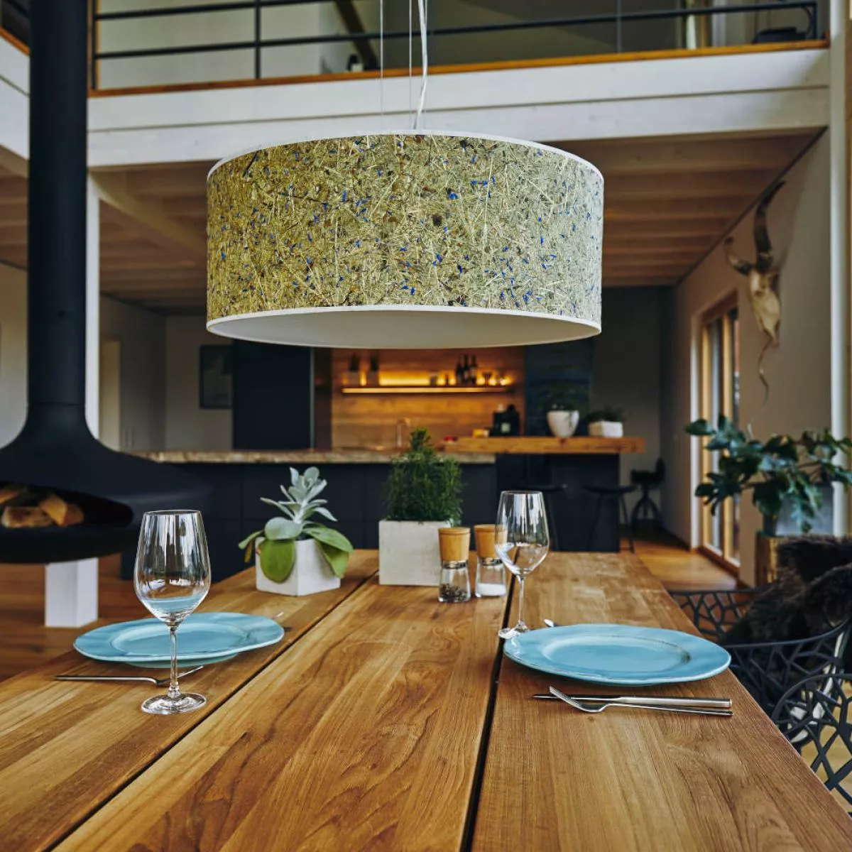Design Pendant Lamp with Shade made of Alpine Hay and Corn Flower Petals Ø 55 cm