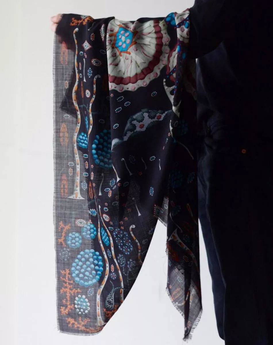 Scarf with Art Print "Black Lake Vili" on Wool & Silk