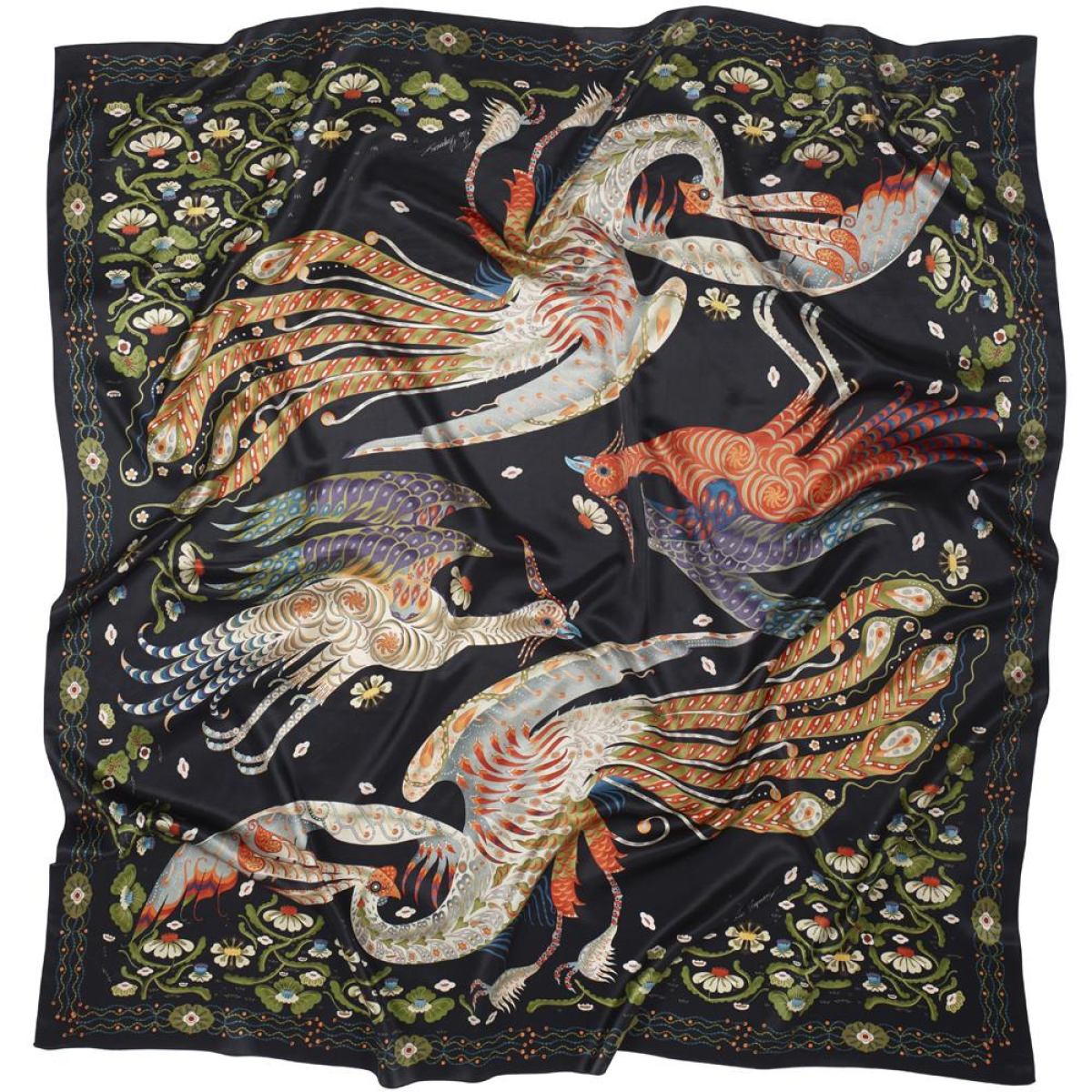 Kunstvoll gestaltetes Halstuch "Firebird" aus reinem Seiden-Satin