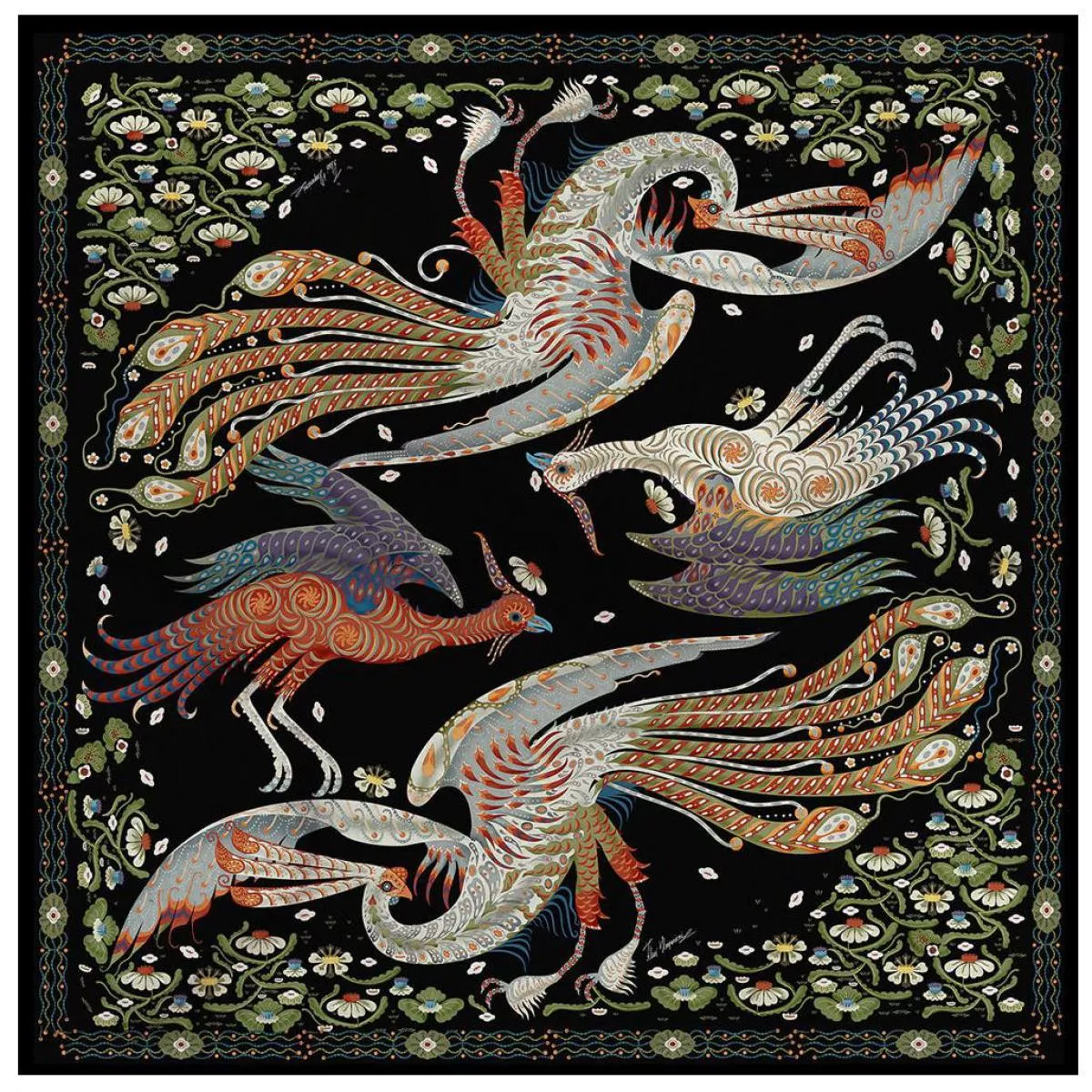Scarf with Art Print "Firebird" on Pure Silk Satin
