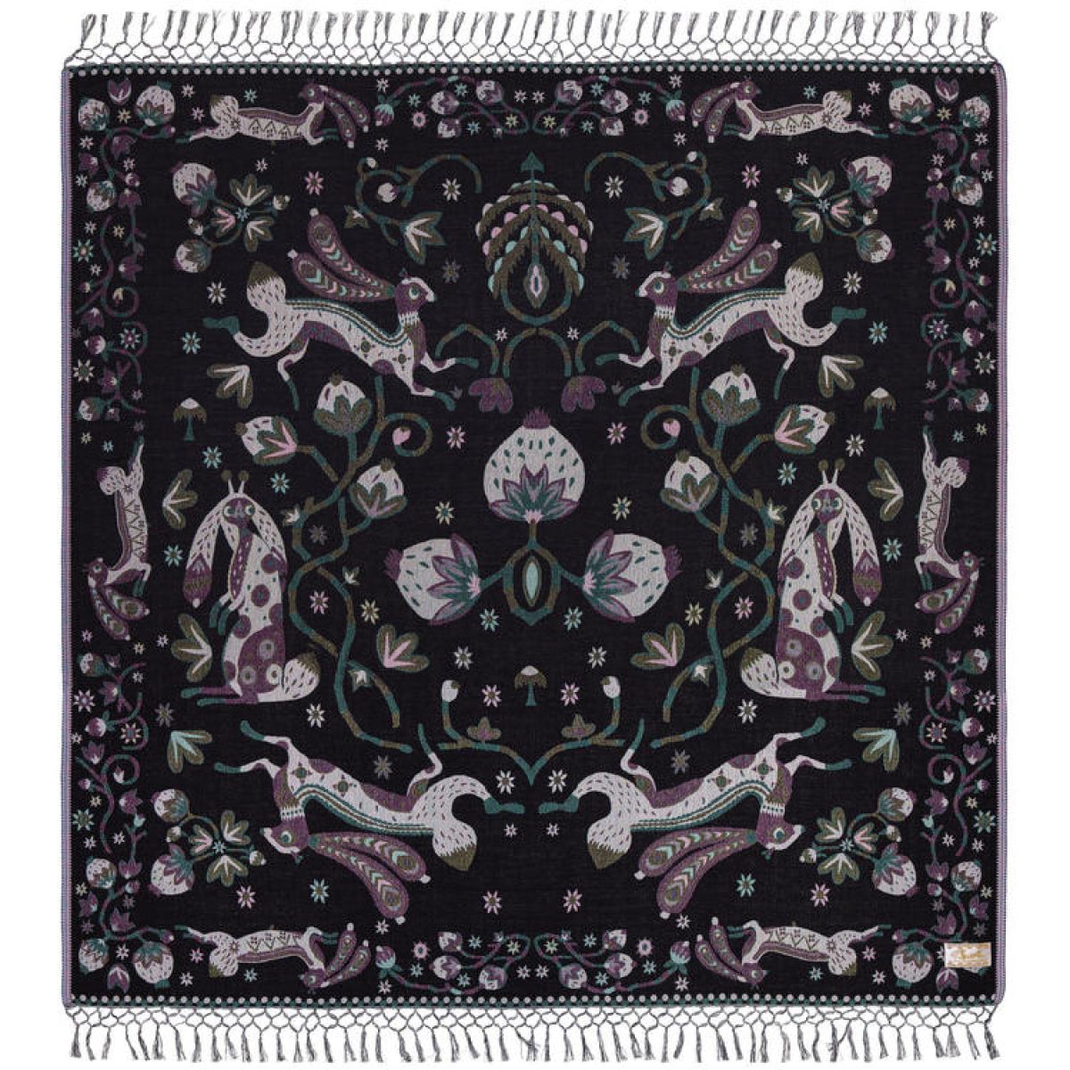 Woven Shawl with Rabbit Motif (Black) made of Wool & Silk (150 x 150 cm)
