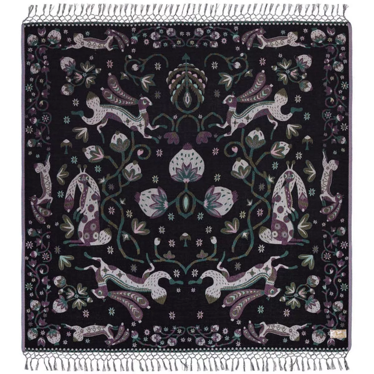 Gewebtes Halstuch mit Hasen-Motiv (schwarz) aus Wolle und Seide (150 x 150 cm)