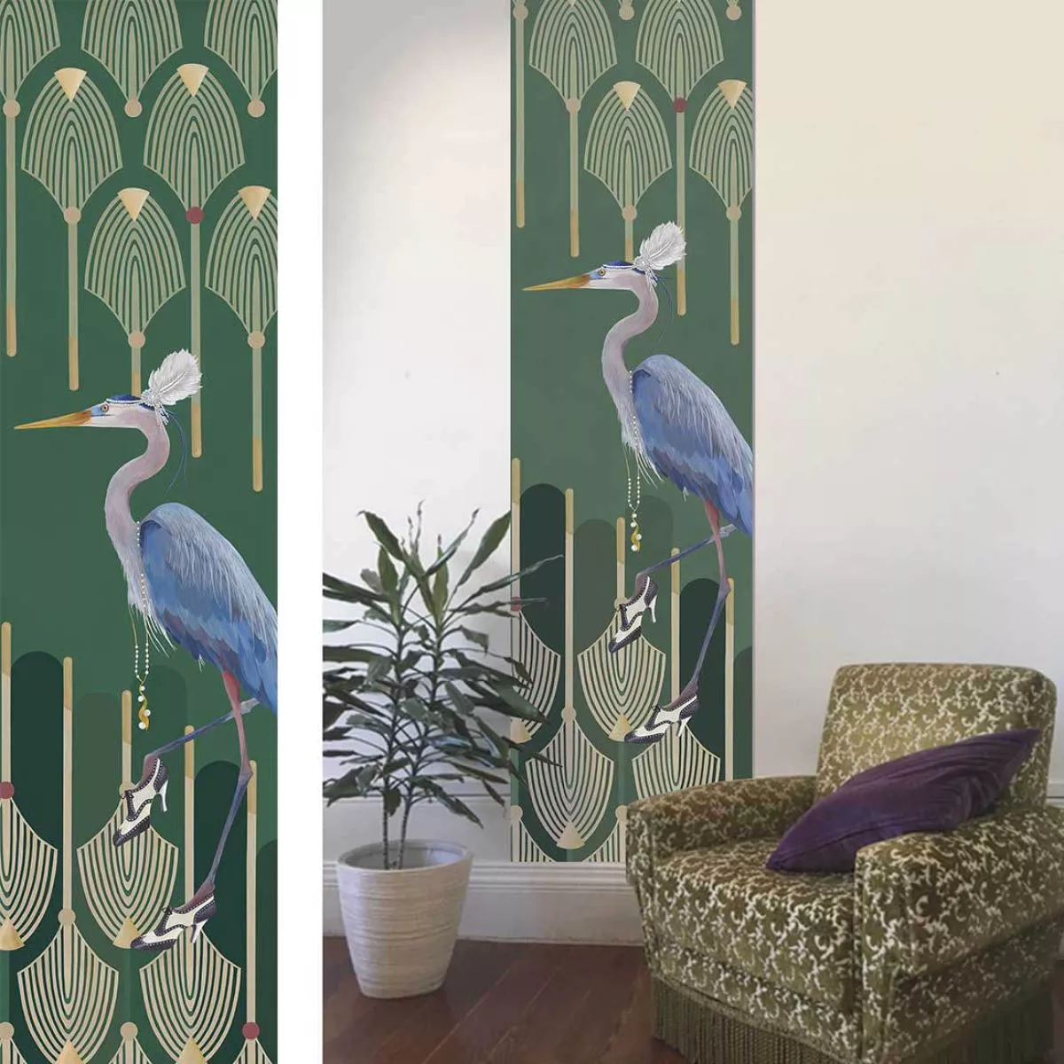 Wallpaper with heron image, green background