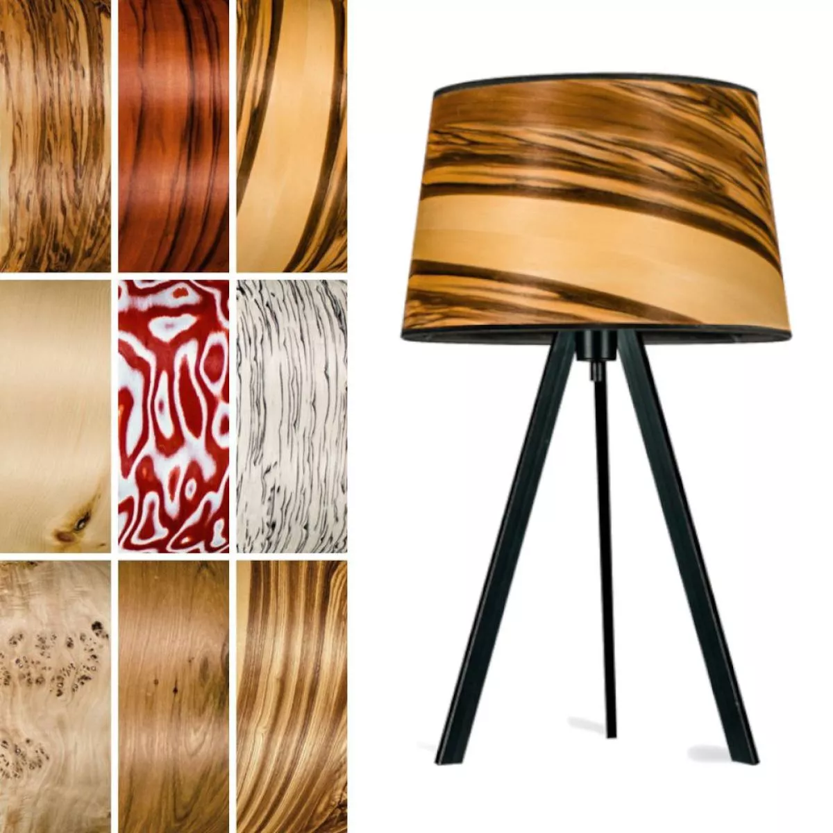Dreibeinige Design-Tischleuchte mit Schirm aus durchscheinendem Holzfurnier