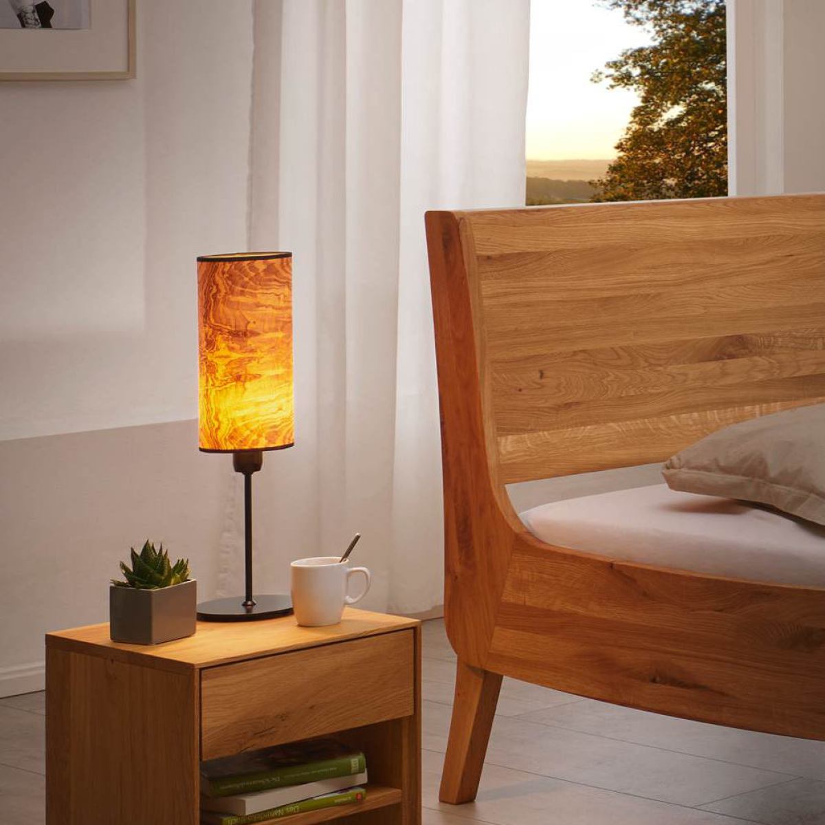 Design Table Lamp with Tall Translucent Natural Wood Veneer Shade