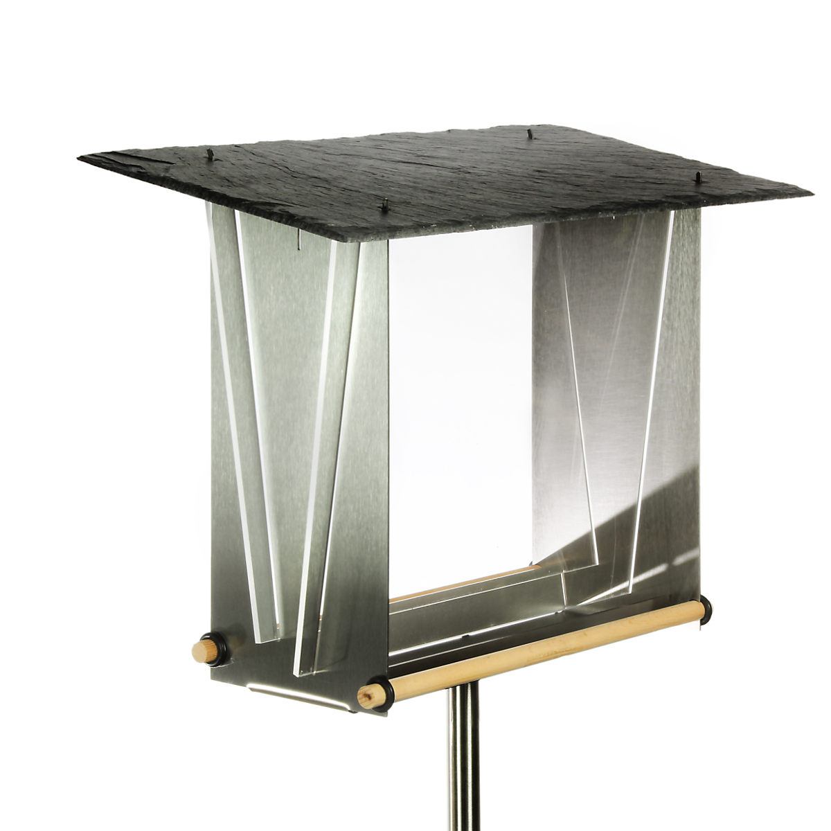 Transparentes Vogelhaus aus Edelstahl, Acrylglas, Schiefer und Holz (quadratisch)