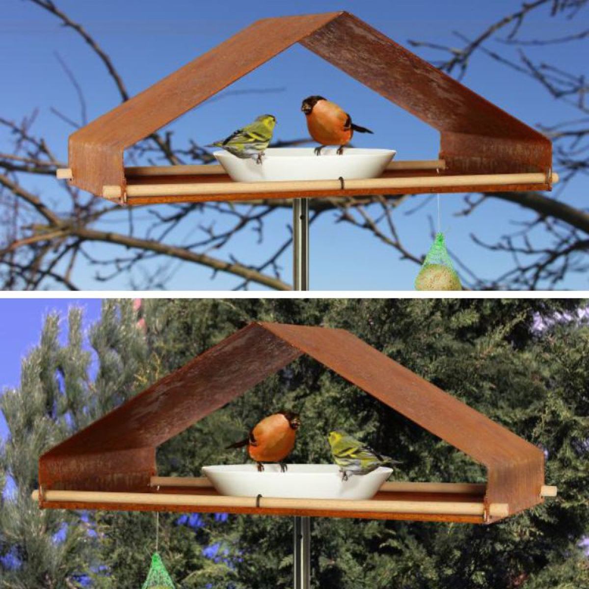 Vogeltränke / Futterstelle mit Satteldach aus wetterfestem Cortenstahl
